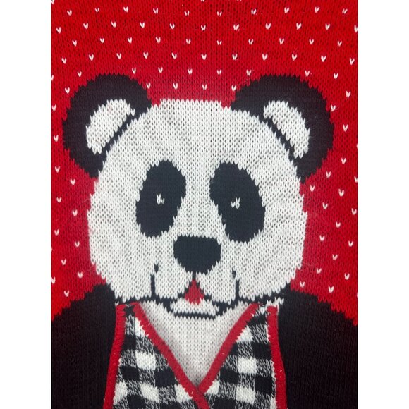 Vintage In Design Red Knit Sweater With Panda Graphic & Checkered Vest - Picture 4 of 10